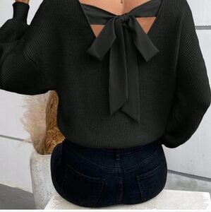 Black Casual Womens Tie Back Drop Shoulder Sweater